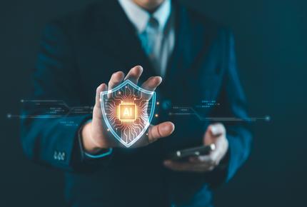 Tekoälyn hallintajärjestelmää ja vastuullista tekoälyn käyttöä kuvaava visualisointi, jossa AI-symboli on esitetty digitaalisen suojakilven sisällä.